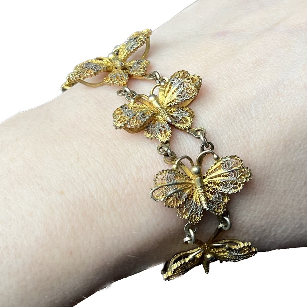 Antique 1920’s PORTUGUESE Gold Wash Silver FILAGREE Butterfly Link Bracelet.